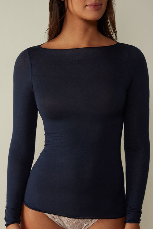 Intimissimi Tekne Neck Modal Cashmere Ultralight Top Mavi Mavi | FHSBJ-8542