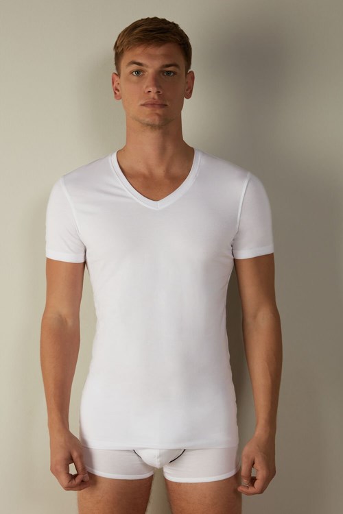 Intimissimi V-neck T-shirt in Stretch Supima® Pamuklu Beyaz Beyaz | HYJWZ-7038