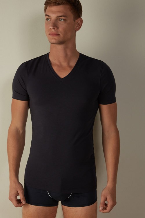 Intimissimi V-neck T-shirt in Stretch Supima® Pamuklu Mavi Mavi | ICSGW-0346