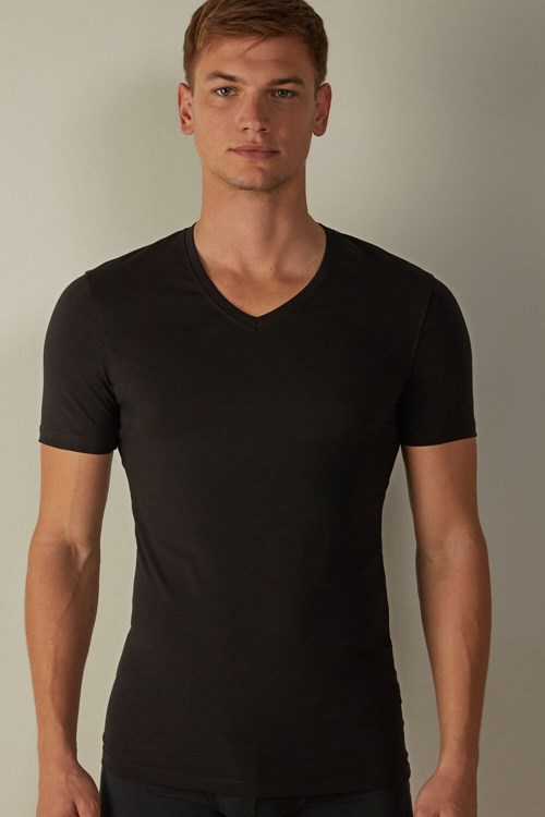 Intimissimi V-neck T-shirt in Stretch Supima® Pamuklu Siyah Siyah | NWFQX-5863