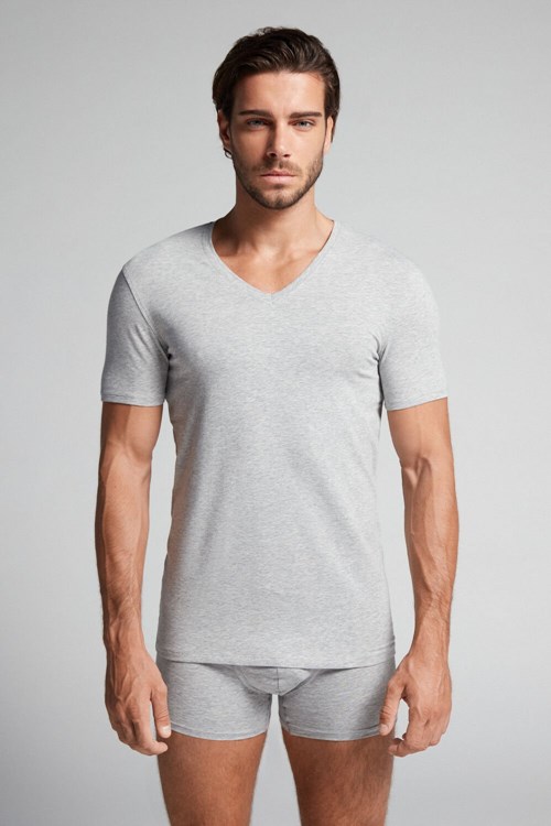Intimissimi V-neck T-shirt in Stretch Supima® Pamuklu Gri Açık Gri | VLSAC-8917