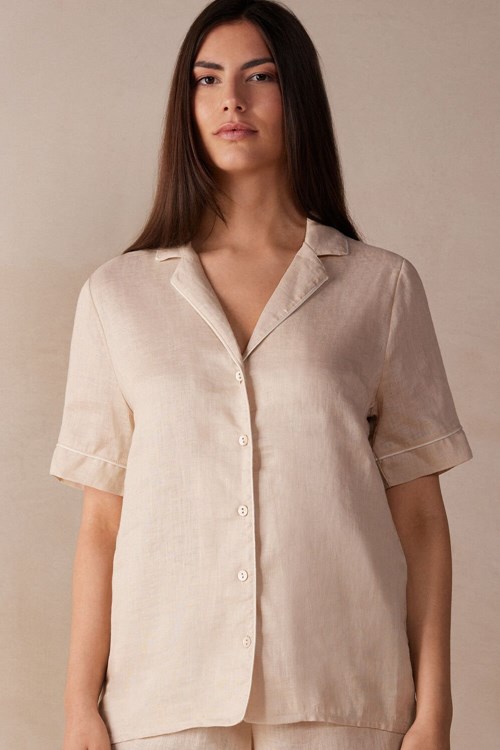 Intimissimi Yacht Night Linen Kısa Sleeve Shirt Bej Rengi | DLPEZ-7642