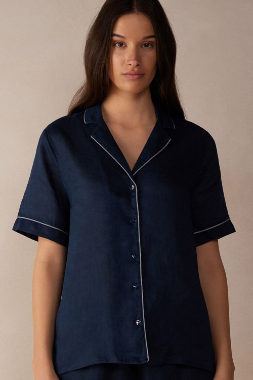 Intimissimi Yacht Night Linen Kısa Sleeve Shirt Mavi Mavi | UBVHX-8294