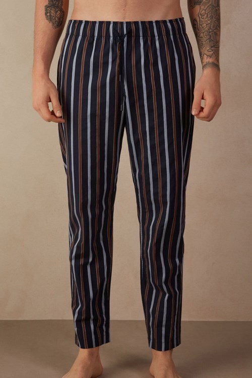 Intimissimi Çizgili Full Length Pants in Plain-weave Pamuklu Mavi Mavi Çizgili | EBHNP-5907
